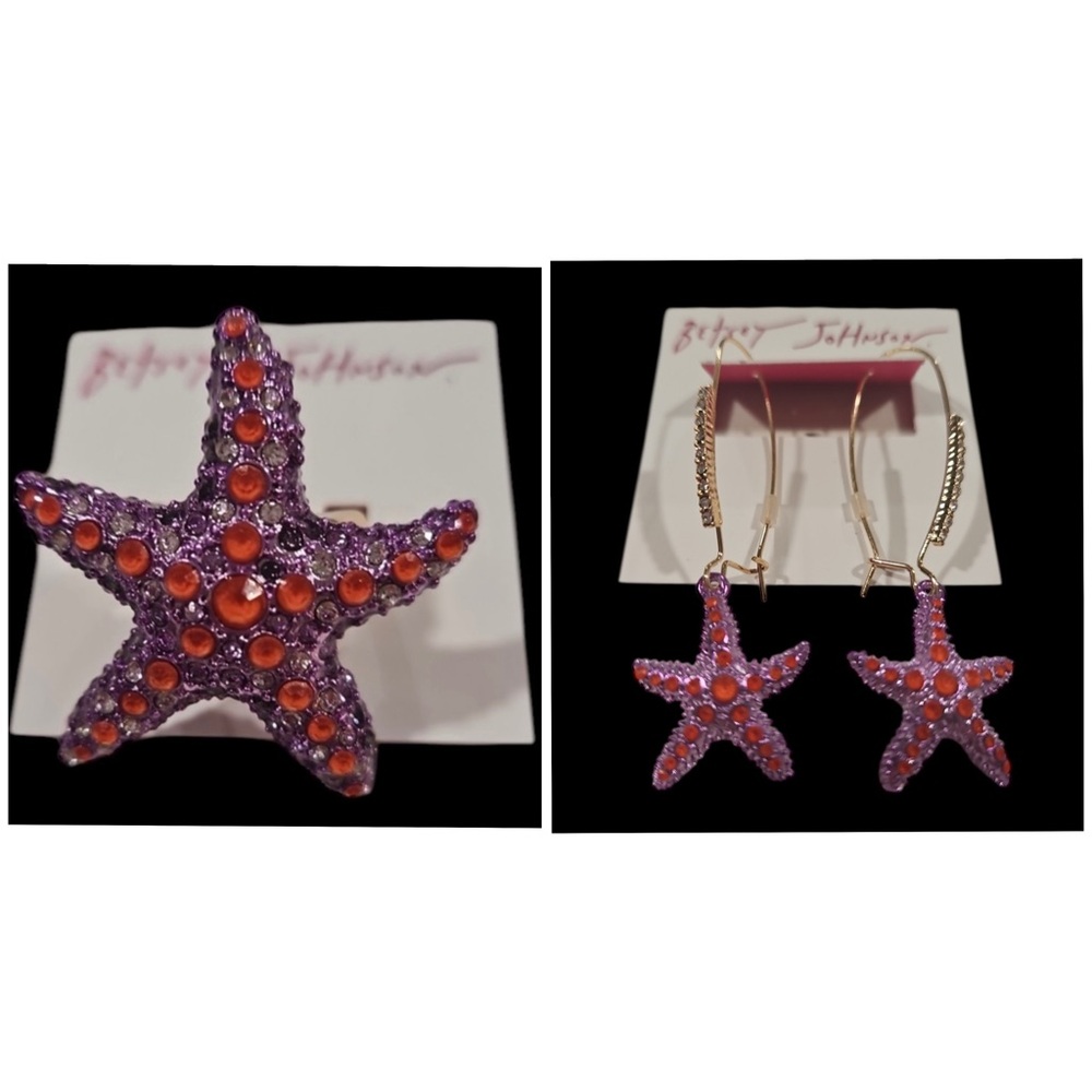 BETSEY JOHNSON SET Mermaid Life Red Crystals Purple Starfish Ring Earrings NWT